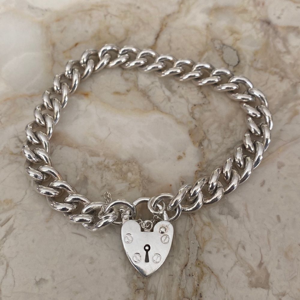 NEW! 925 Sterling Silver Heavy Curb Link Heart Padlock Bracelet 8” - 40g